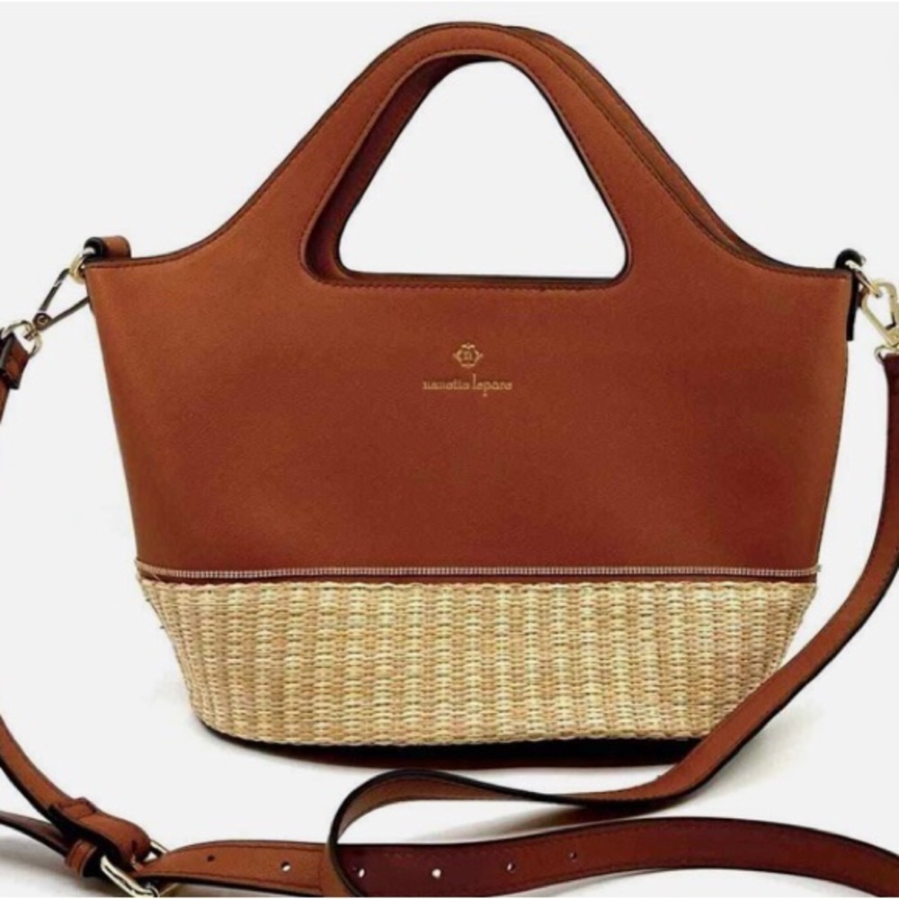 Nanette Lepore Two Tone Handbag Crossbody Purse Woven Straw and Vegan Leather